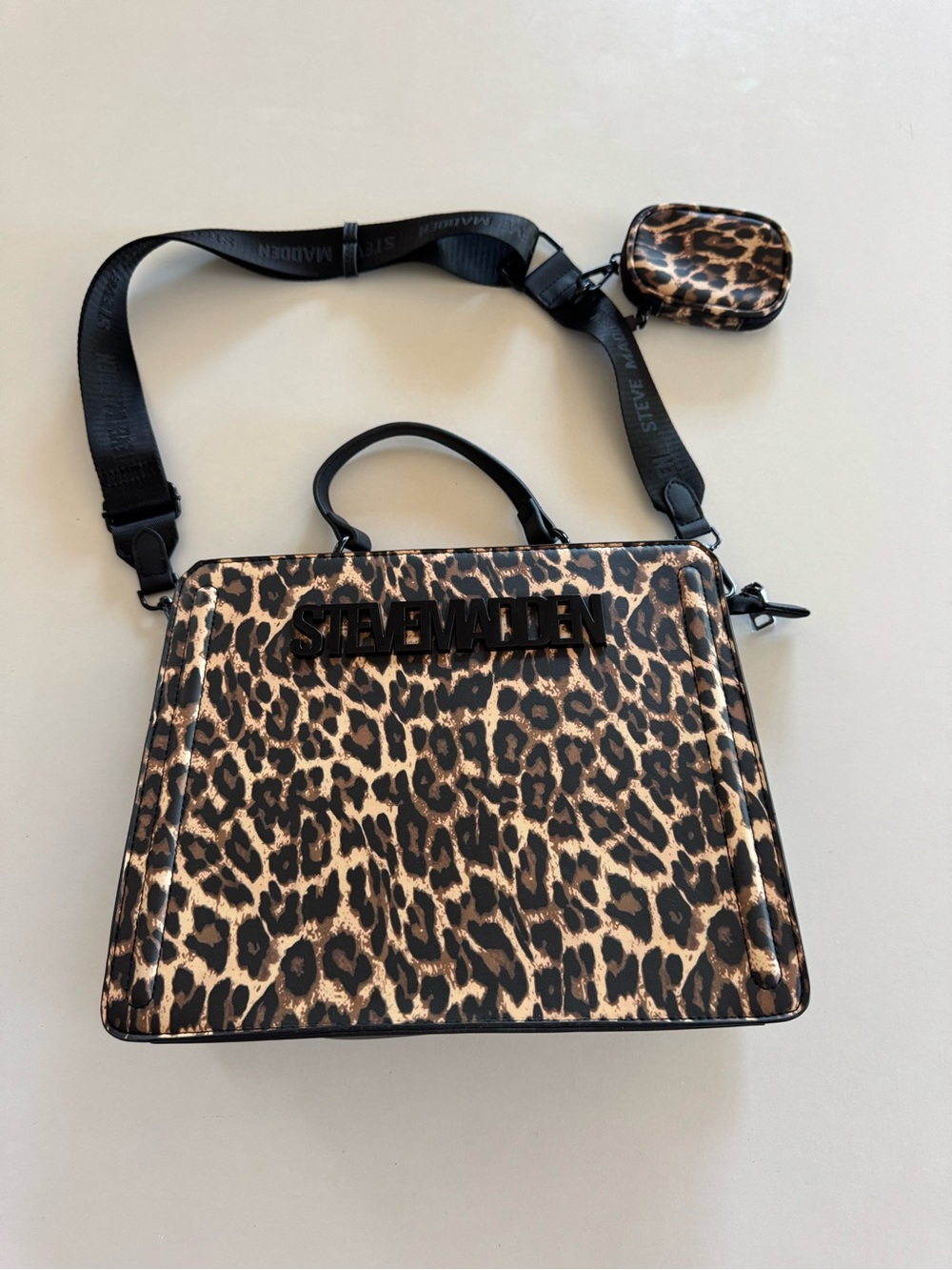 Steve Madden Leopard Print Satchel Bag Crossbody Strap Matching Pouch